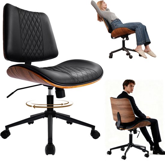 Durrafy - Bureaustoel - Ergonomisch Bureaustoel - Bureaustoelen voor Volwassenen - Bureaustoel zonder Armleuningen - Verrijdbaar & In Hoogte Verstelbaar - (90°-125°) Kantelbare Rugleuning - Houten Afwerking - Kunstleer - Walnoot - Zwart