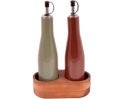 Point Virgule Set de flacons à huile et à vinaigre en grès et support en acacia 16x8x25cm