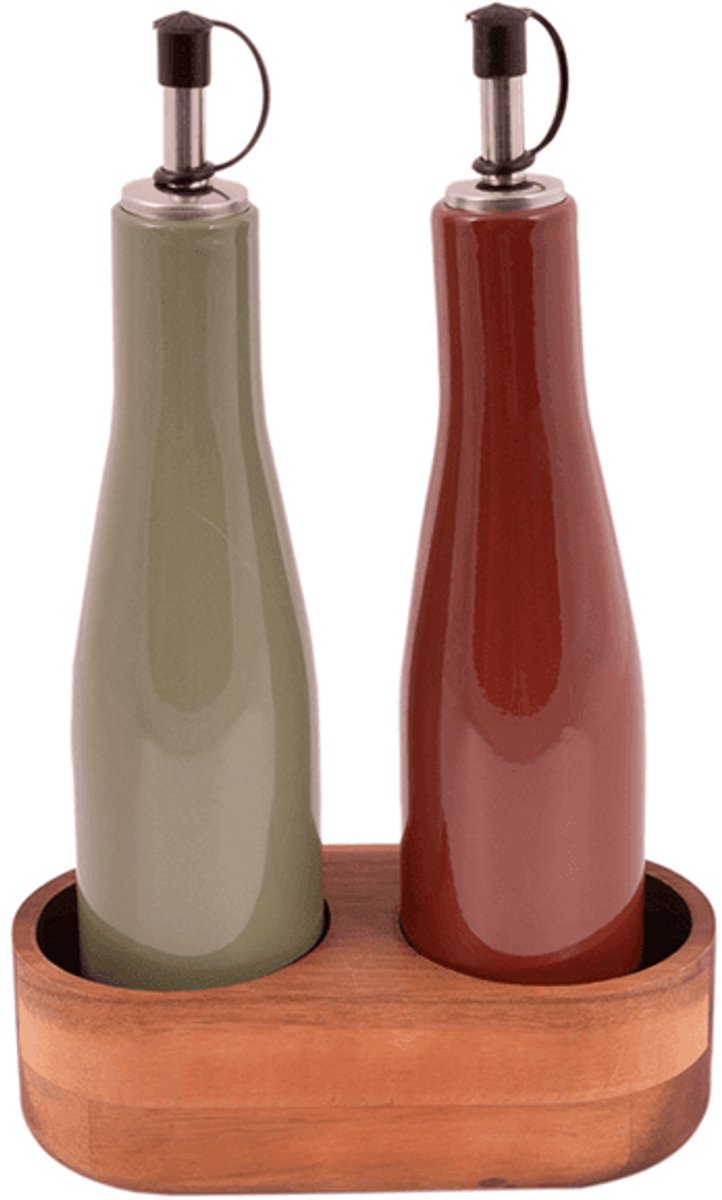 Point Virgule Set van olie- en azijnfles uit steengoed en houder uit acacia 16x8x25cm