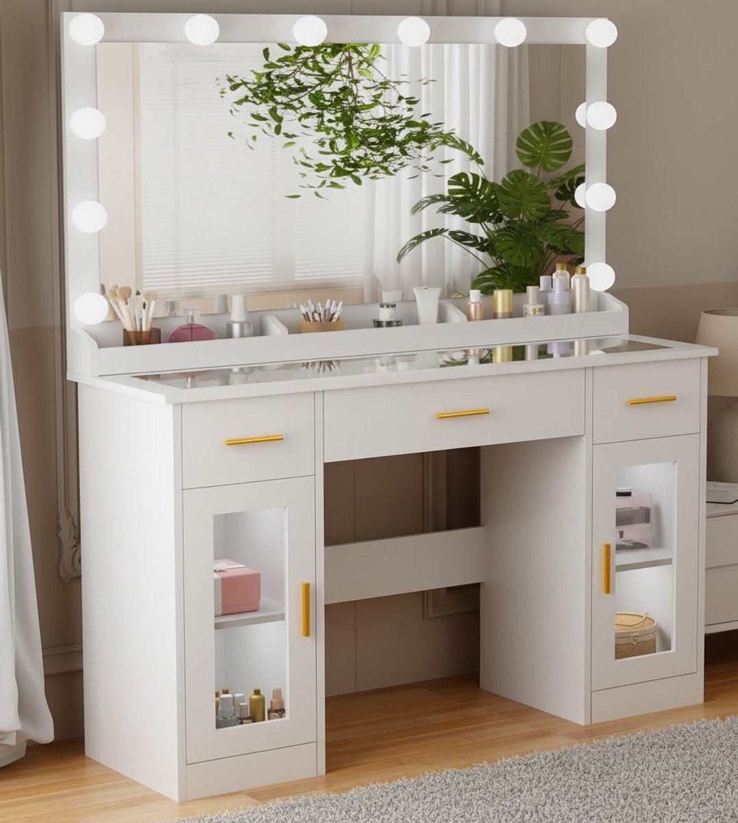 Elegante Luxe Make-uptafel met LED-verlichting en Spiegel 110x40x140 cm – Novihome