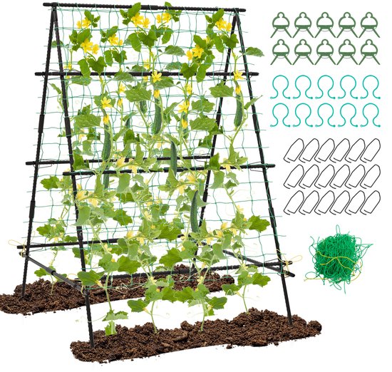 COSTWAY Komkommer Plantensteunset, A-vormig, plantenhouder met tuinnet en plantenclips, metalen hekwerk, plantensteun voor klimplanten, bloemen, nuttige planten, zwart, 130 x 105 x 151 cm