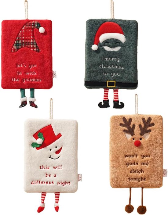 Serviettes de Noël - Lot de 4 - Avec anneau de suspension - Extra douces - Très absorbantes - Serviettes décoratives de Noël - Conviennent pour la salle de bain et la cuisine