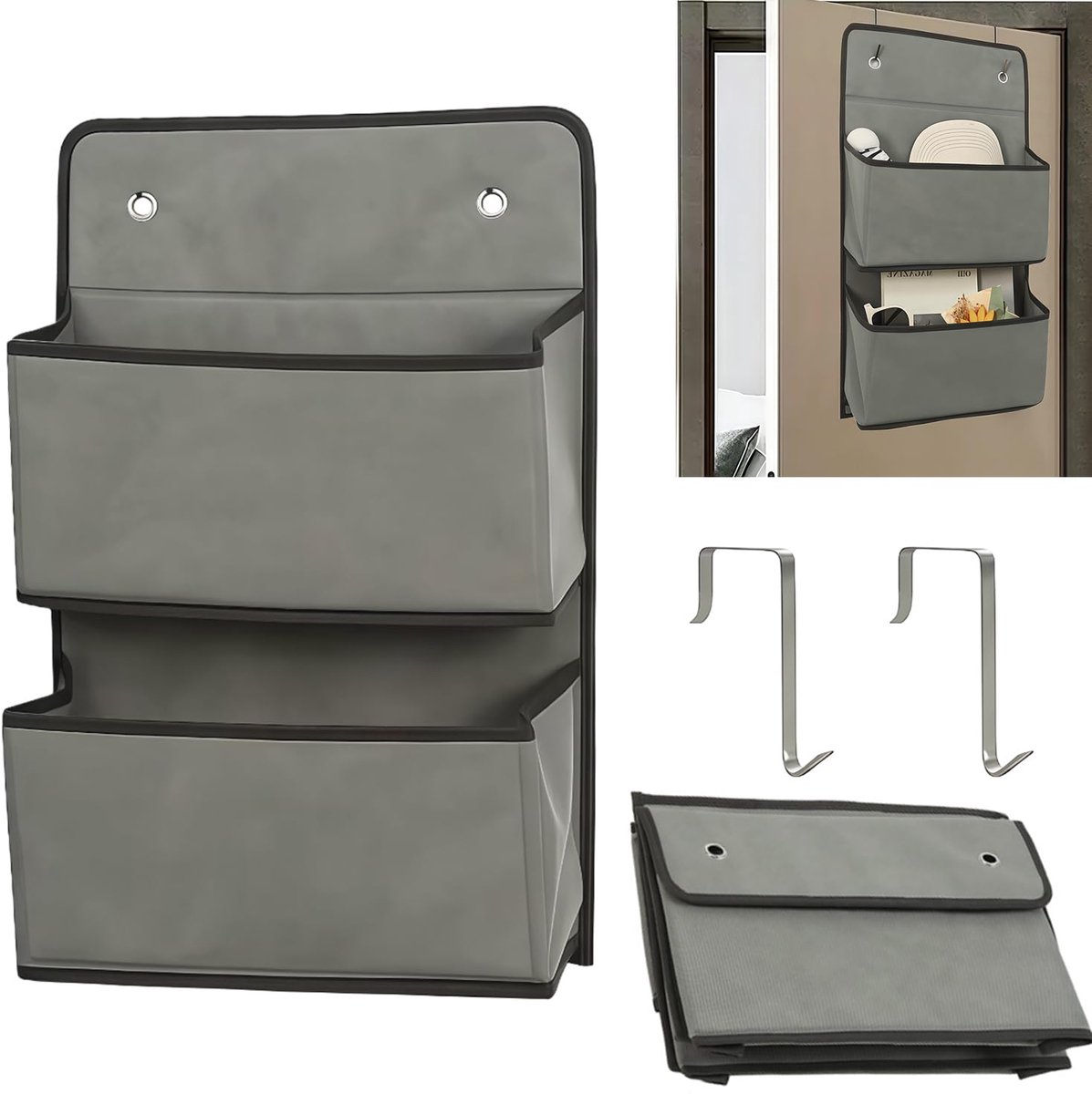 Unyqoos® Ruimtebesparende hangende deurorganizer met vakken en haken in grijs