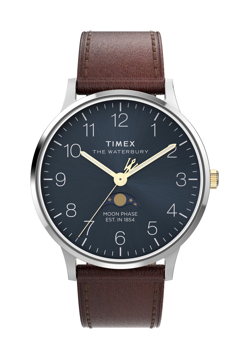 Timex Waterbury Classic Moon Phase Kwarts Analoog Horloge Zilveren Toon Case: 100% Stainless Steel | Armband: 100% Leather 40 mm TW2W75700AJ