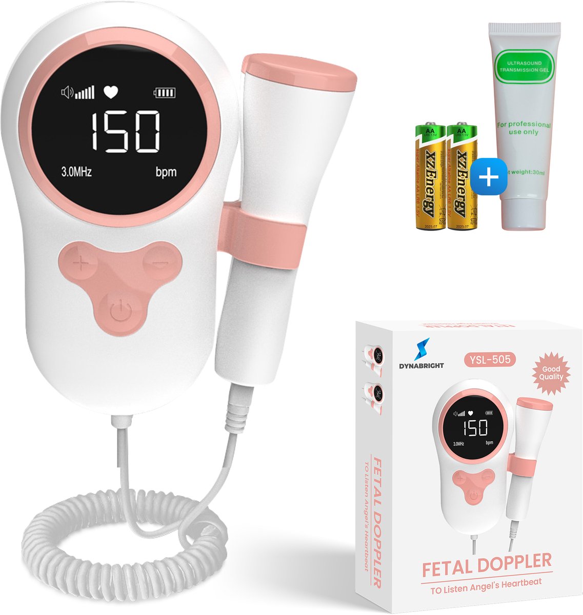 DynaBright Doppler Heartbeat - Doppler Baby - Baby Hartje Monitor - Inclusief 30ML Ultrasound Gel - Incl. 2 batterijen - Fetal Doppler - Zwangerschap - Echo Apparaat - Babyshower