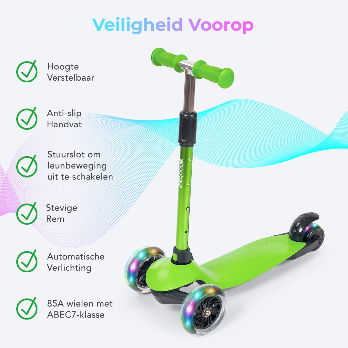 LifeGoods Kinderstep - Step 2-5 Jaar - 3 Lichtgevende LED Wielen - Hoogte Verstelbaar - Jongens/Meisjes - Groen — afbeelding 2