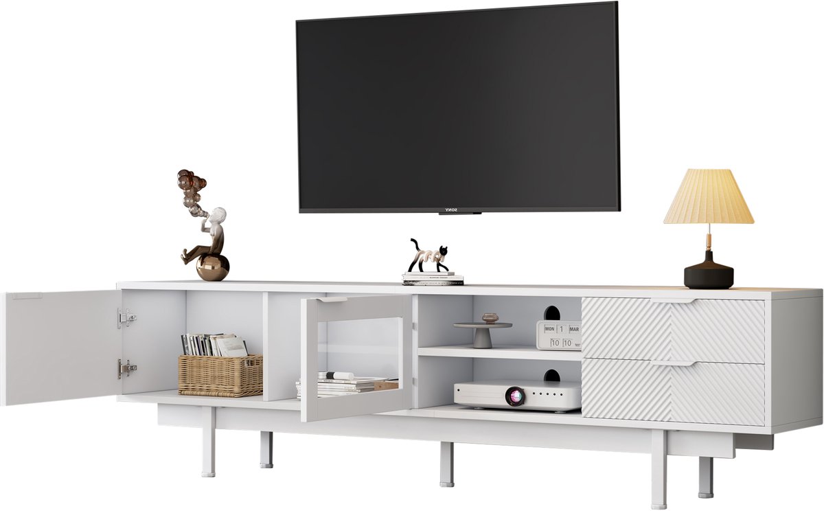 200x40x50,5 cm moderne eenvoudige tv-kast - lage kast met 2 deuren en 2 laden - woonkamerkast - wit