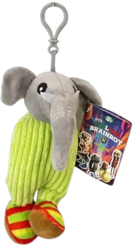 Éléphant en peluche avec pantalon côtelé vert et chaussettes rayées, avec clip.