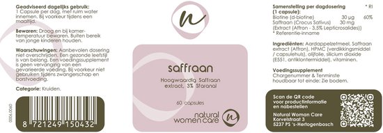Witte pot met roze label met productinformatie, inclusief ingrediënten, gebruik en waarschuwingen. Tekst: 'saffraan, Hoogwaardig Saffraan extract, 3% Sfaranal, 60 capsules, natural women care'.