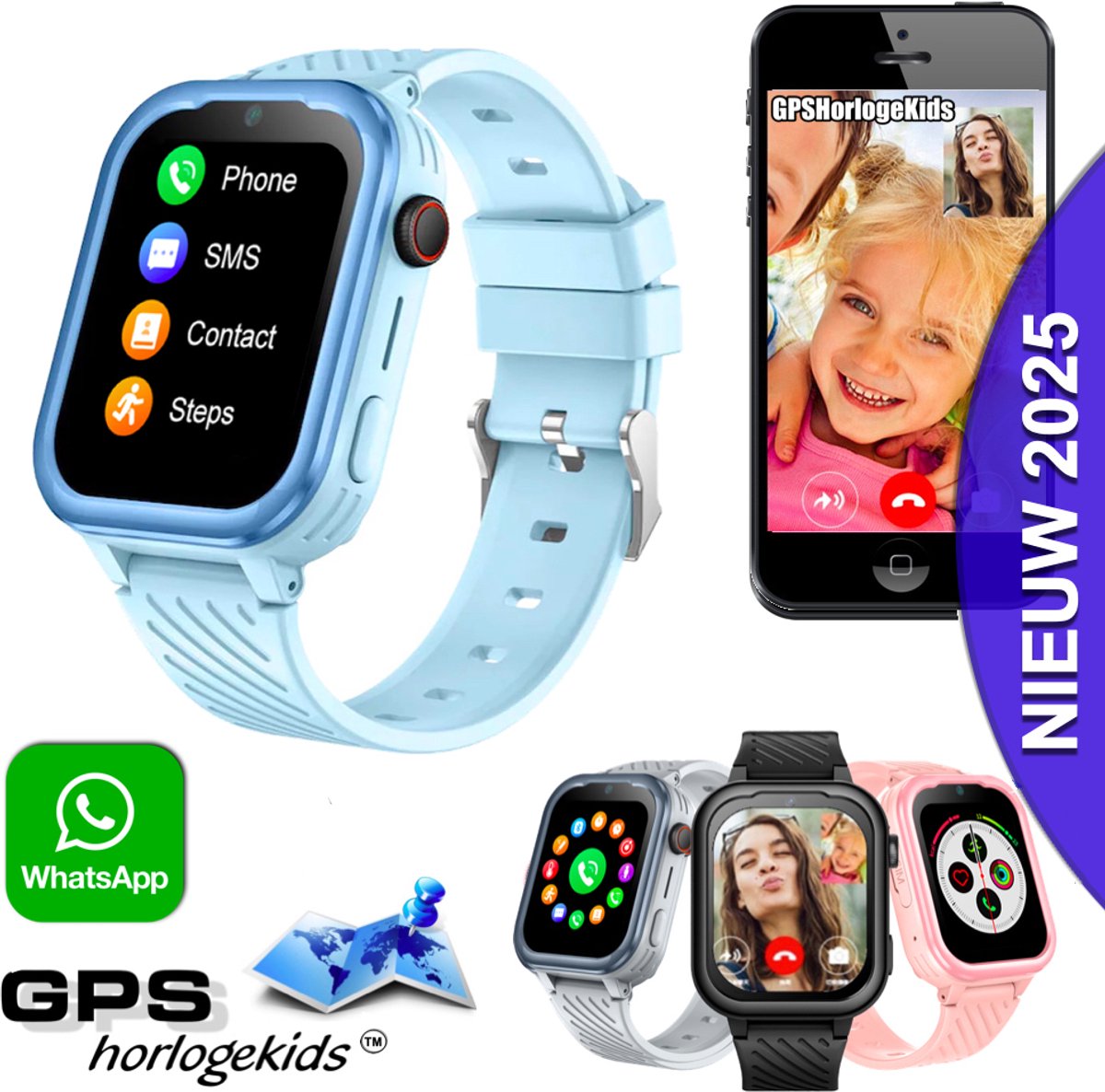 GPSHorlogeKids© - GPS horloge kind - smartwatch kinderen - WhatsApp - 4G videobellen - spatwaterdicht - SOS alarm - SMS - incl SIM - Turn Blauw