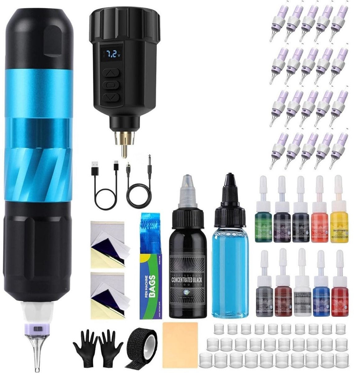 White-Label® Tattoo Machine met Accessoires - Tattoo Machines Draadloos - Tattoo Set Inclusief Inkt en Naalden - Tattoo Kit -Zwart en Blauw