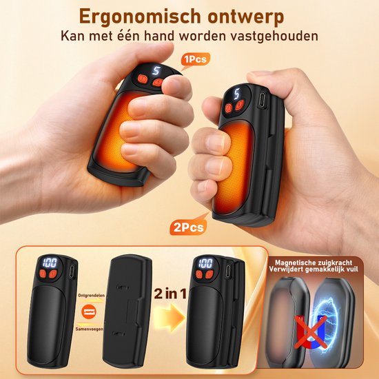 Twee zwarte handwarmers, één in een hand. "Ergonomisch ontwerp". Linksonder: 2 stuks in elkaar. Rechtsonder: magnetische zuigkracht.