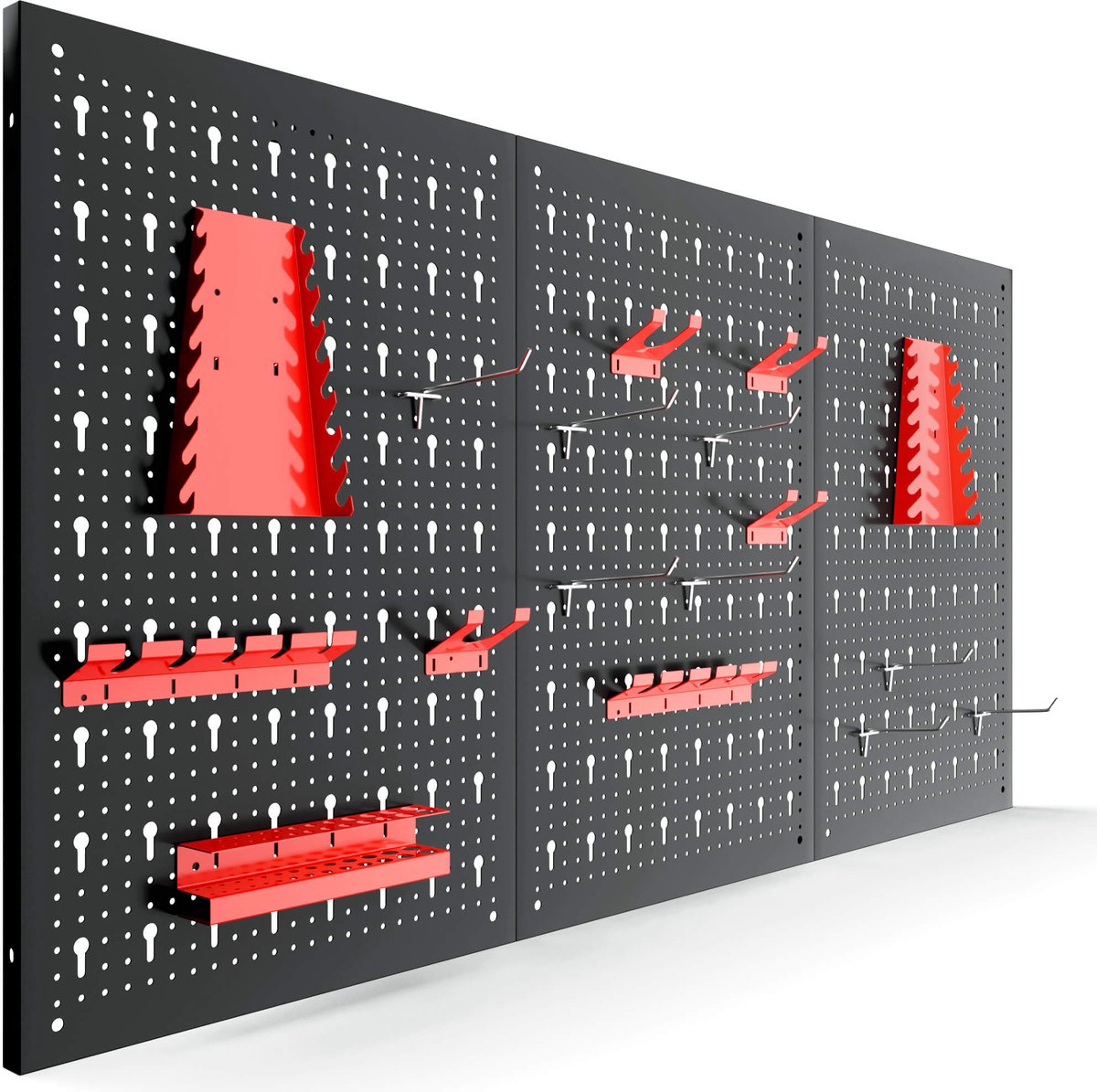 AREBOS Driedelige gereedschapswand | 17-delige haken set rood | 117,6 x 59,5 x 2 cm | Geperforeerde metalen gereedschapswand + beugels + bevestigingsmateriaal