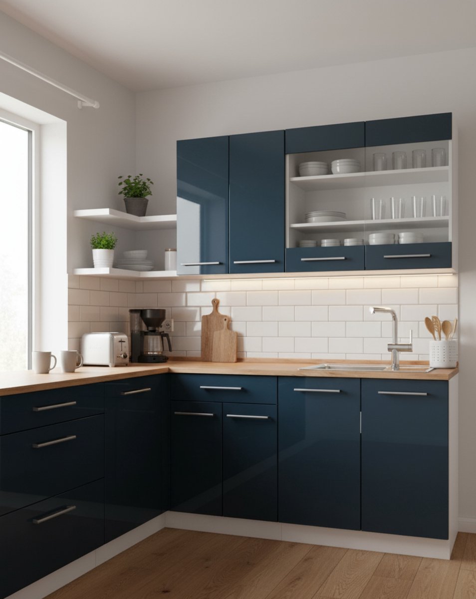 Singlekeuken 140 cm met Werkblad – Donkerblauw Hoogglans/Wit – Moderne Mini Keukenblok met Soft-Close Lades & Premium MDF Fronten – Inclusief Eiken Werkblad – 140x60x82 cm – Novihome