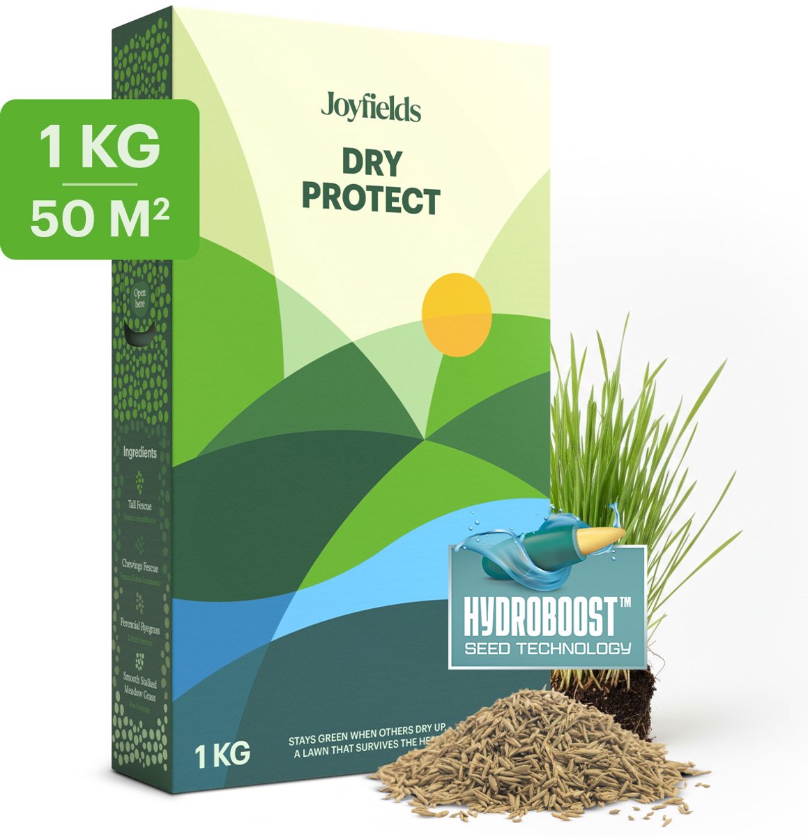 Joyfields Dry Protect - Droogtebestendig graszaad - 1 kg voor 50 m² - Droogte- en hittebestendig - Minder bewatering nodig - Diepe en sterke wortelgroei - Met Hydroboost-coating