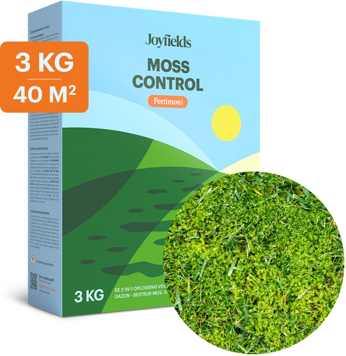 Joyfields Moss Control - Anti-mos Gazonmeststof - 3 kg voor 40 m² - Krachtige 2-in-1 oplossing - Werkt tot diep in de wortels - Voor een diepgroen en mosvrij gazon