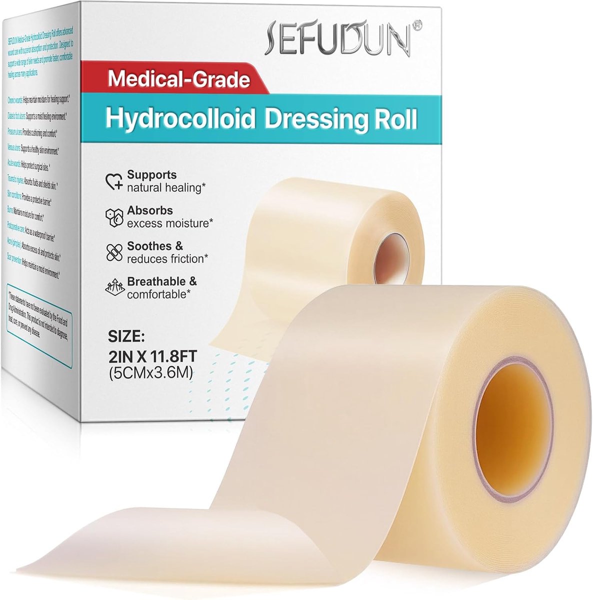 Sefudun Hydrocolloid Pleisterrol – 5 cm x 3,6 m – Waterbestendig – Huidvriendelijk – Flexibel – Voor Wonden, Blaren en Acne