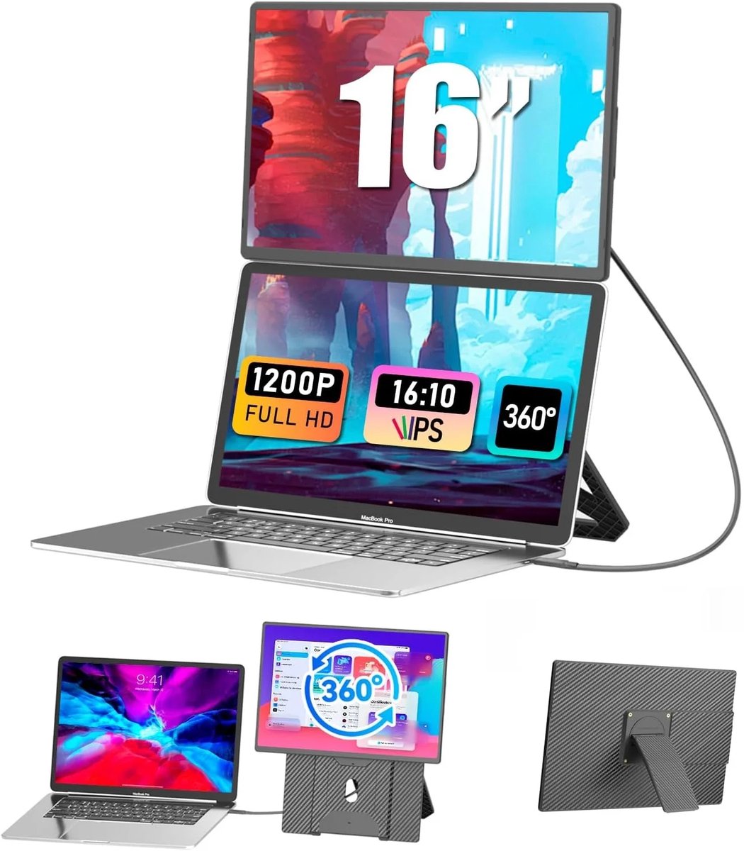Siaviala N2 16" Portable Monitor | 1920x1200 IPS | 360° Draaibaar & Magnetisch | Ultradun 0.76kg | Plug & Play Type-C | Jouw Mobiele Kantoor | 200% Productiviteit