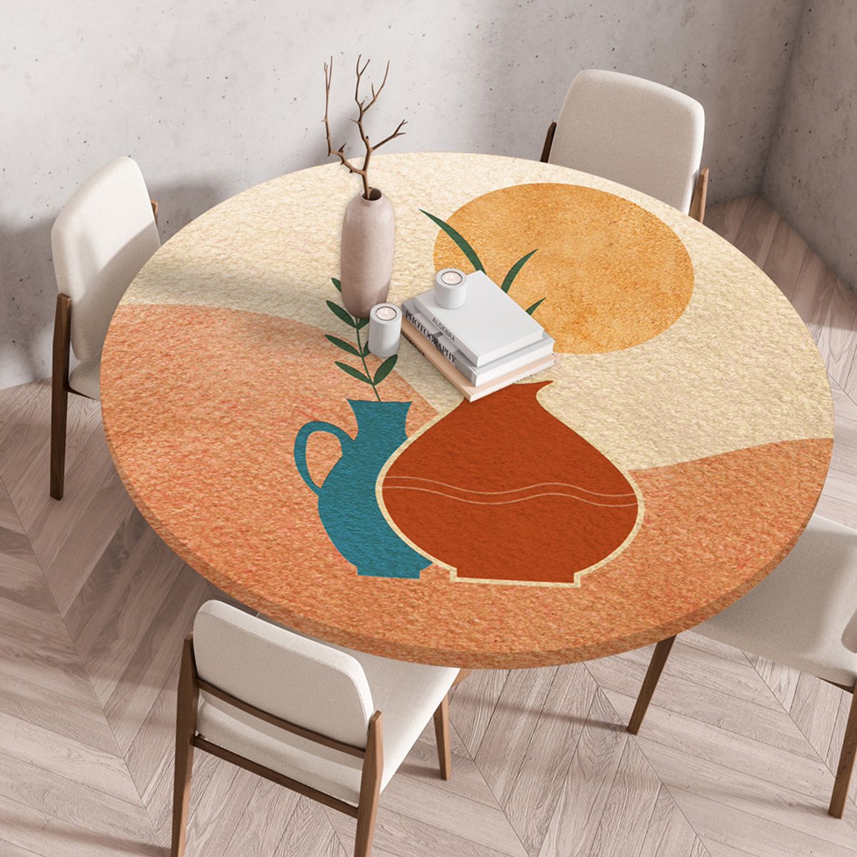 Dit ronde, waterdichte tafelkleed voor buiten, met een diameter van 80 cm, heeft elastische randen en is perfect voor feestjes en gebruik in de tuin. (Vaasontwerp)