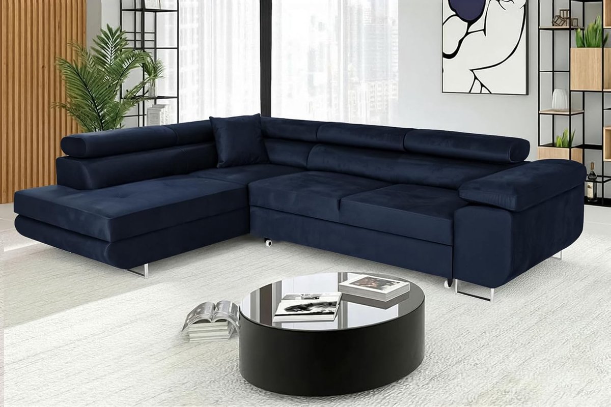 Hoekbank met Slaapfunctie en Opbergruimte – Luxe L-vormige Slaapbank met Bedlade, Comfortabele 3-Zits Hoekbank van Fluweel – Modern Design Bank voor Woonkamer – Blauw – Ganeey