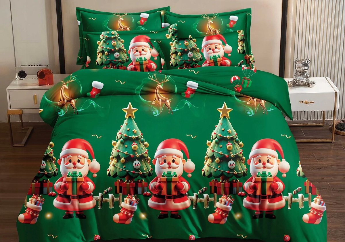 Image of 3D Kerst Dekbedovertrek Katoen Satijn 160x200cm - Vrolijke Kerstman