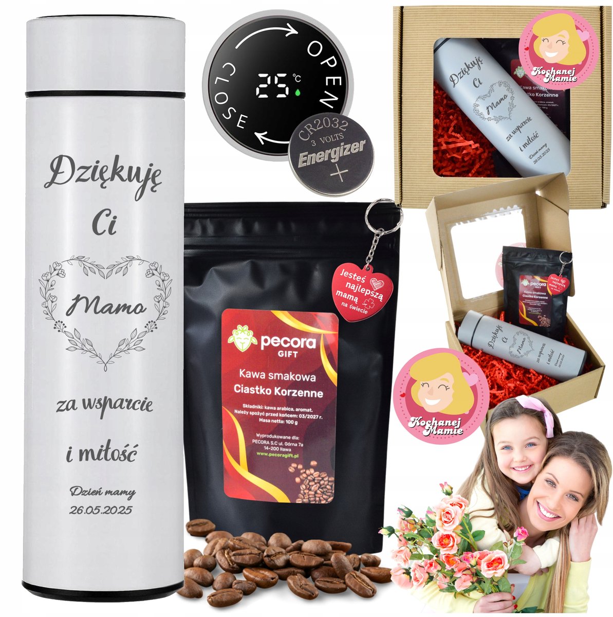 LED Thermosbeker Cadeau voor Mama met Gravure, Sleutelhanger & Koffie