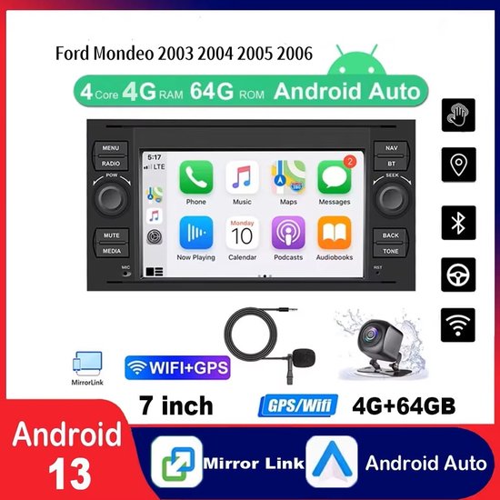 Autoradio Bluetooth - 4+64G Android 15 Car Stereo voor Ford Mondeo 2003 2004 2005 2006 Ingebouwde Draadloze CarPlay Android Auto 7 Inch Car Radio met GPS WiFi Bluetooth FM SWC Mirror Link Split Screen + AHD Backup Camera