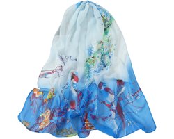 Dames Sjaal - 160x50cm - Vogelprint Polyester - Blauw - Lichtgewicht Mode Shawl