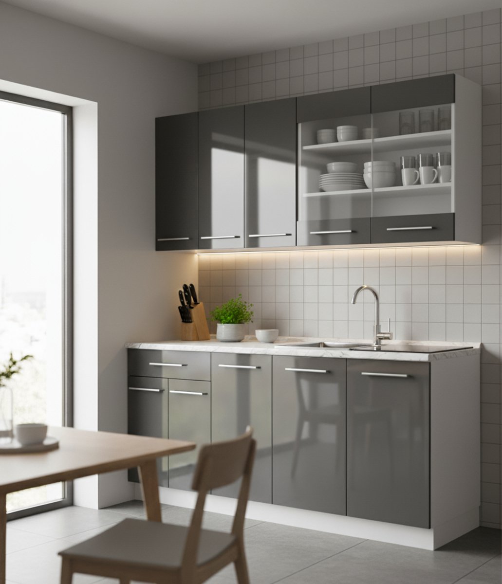 Keukenkast moderne enkele keuken 140x60x82 cm, glanzend wit en antraciet, inklapbare kast, soft-close laden en draaideuren – Novihome