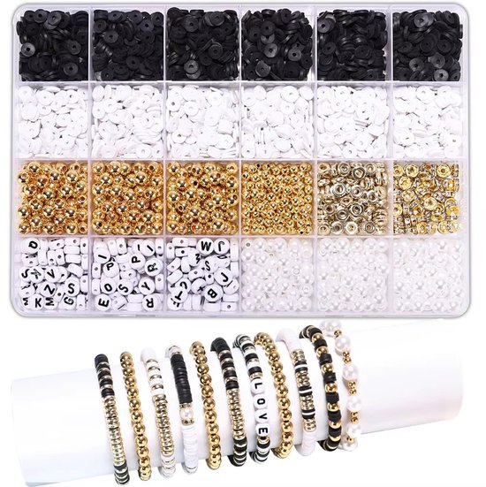 Kralenkit met zwarte, witte, gouden en parelmoeren kralen, letterkralen en elastisch koord. Zeven gestylede armbandjes.