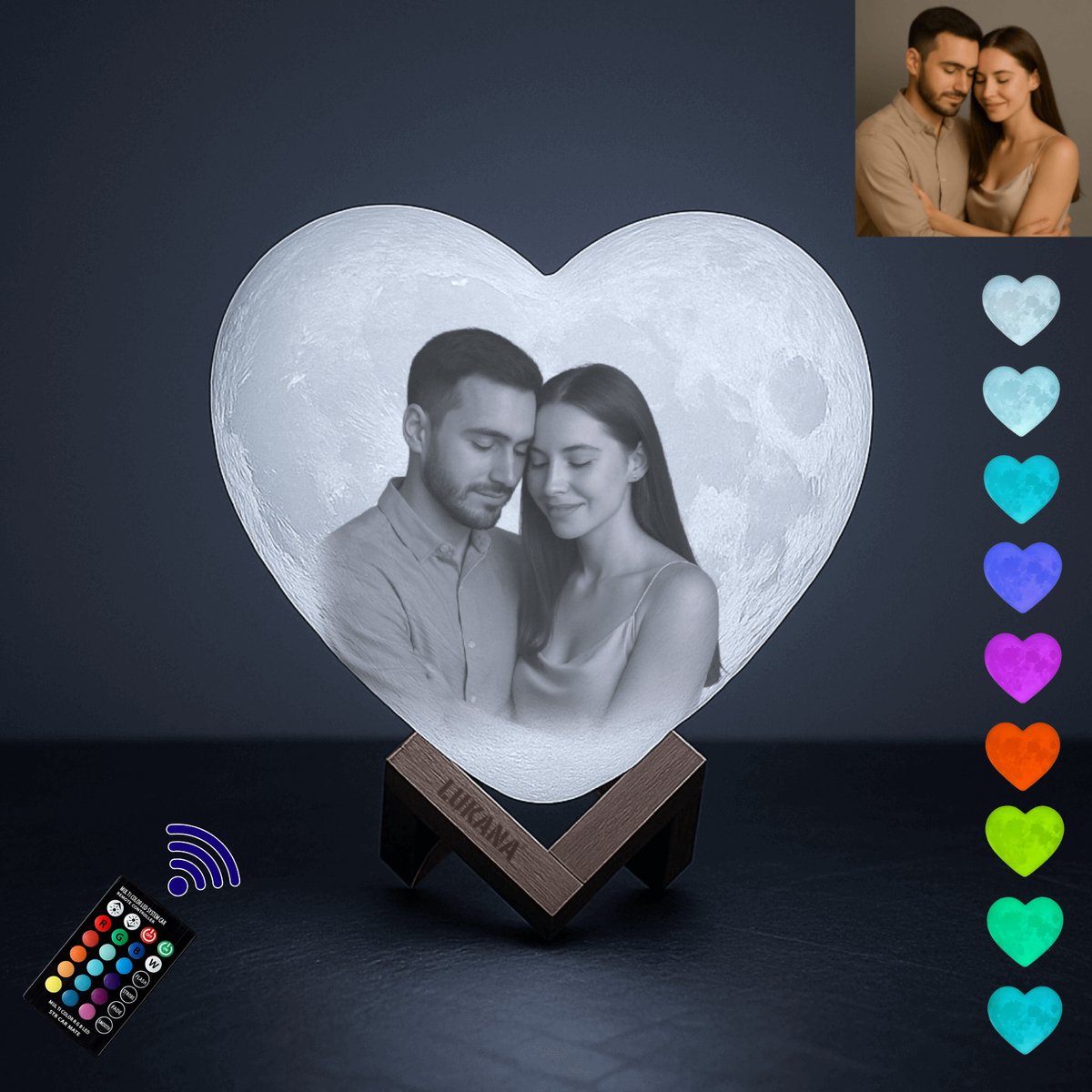 Gepersonaliseerde Valentijn Cadeau – 3d Hart Maanlamp met Eigen Foto en Tekst - 20cm - 16 Kleuren met afstandsbediening - Inclusief houten standaard - Rouw Geschenk - Aandenken - Moonlight - Moederdag - Vaderdag - Tafellamp