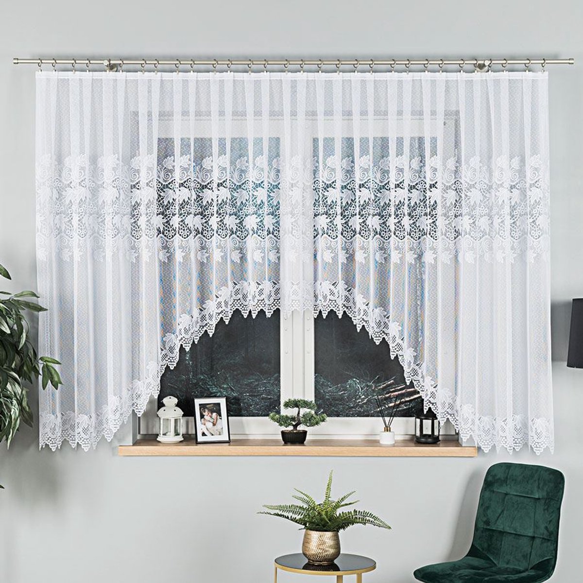 Markizeta Elżbieta - Jacquard Gordijn - 530x160 cm - Bladpatroon - Podcięcie Wit