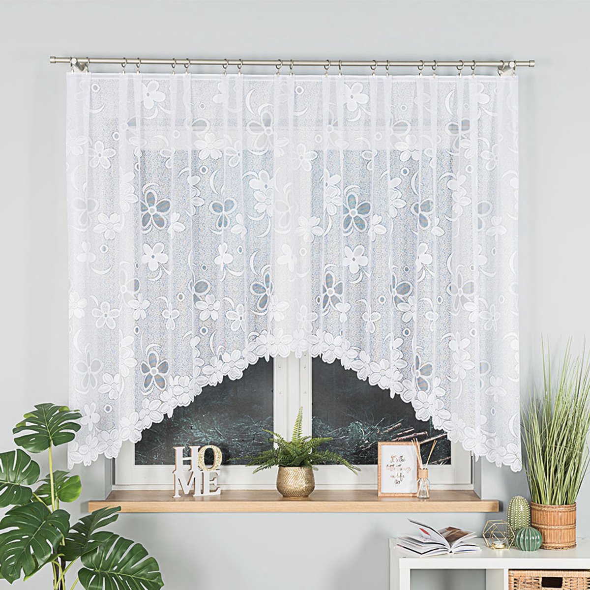 Markizeta RENATA Serie - Jacquard Kant-en-Klare Gordijn - 300x150 cm - Witte Kleur - Bloemenpatroon - Golvende Onderkant