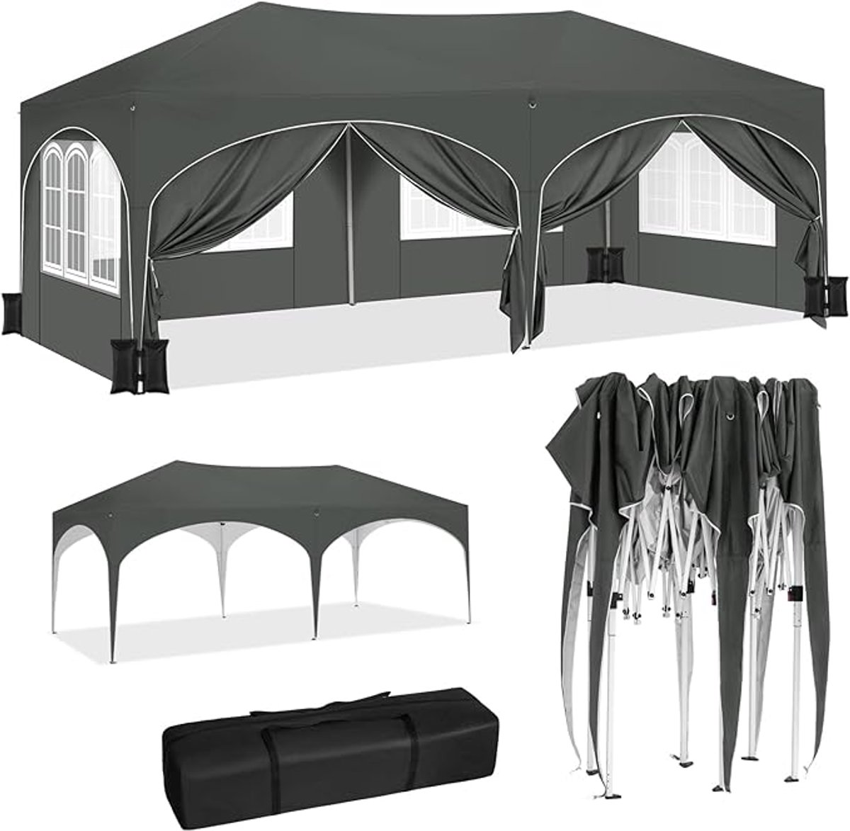 Partytent opvouwbaar - Paviljoen - 3x6m - Easy up - Waterdicht - met Zijwanden - Weerbestendig - Grijs
