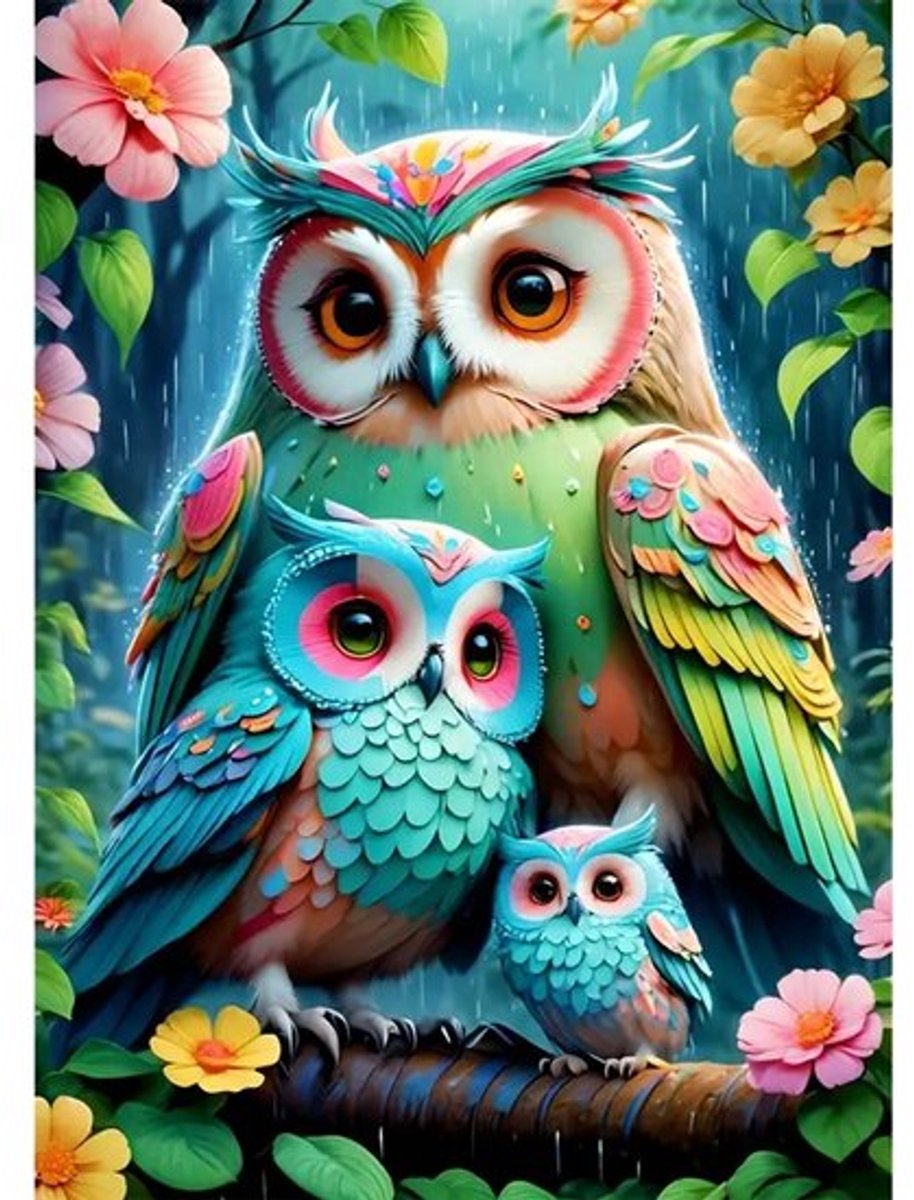 30x20cm Diamond Painting set Uilen familie (rond) nr 379