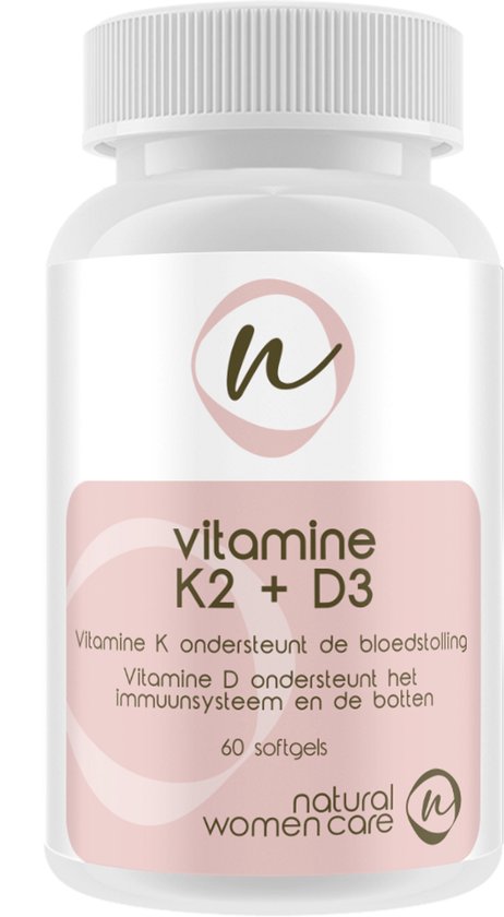 Pot met Natural Women Care vitamine K2 + D3 in olijfolie. 60 softgels.
