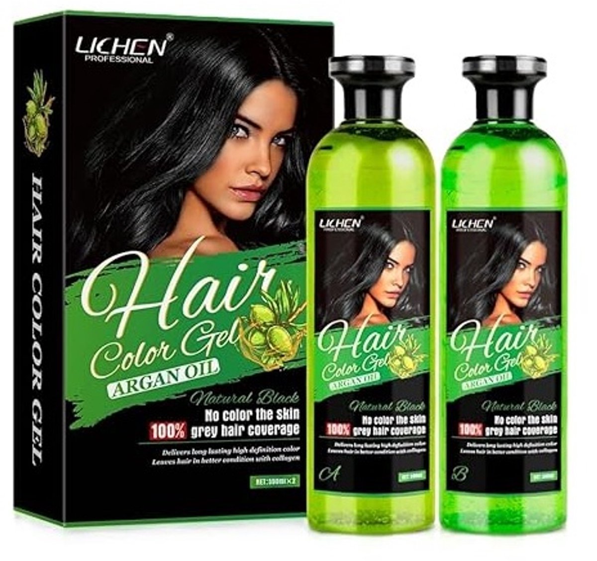 LICHEN Argan Oil Hair Color Gel - Natural Black - For Men & Women - Haarverf - NO AMMONIA - NO COLOR THE SKIN - 100% GREY HAIR COVERAGE