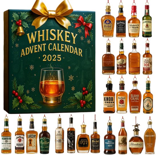 Calendrier de l'Avent Whisky 2025 – 24 décorations en forme de bouteilles – sans alcool – décoration de Noël originale pour le sapin, la maison ou la voiture