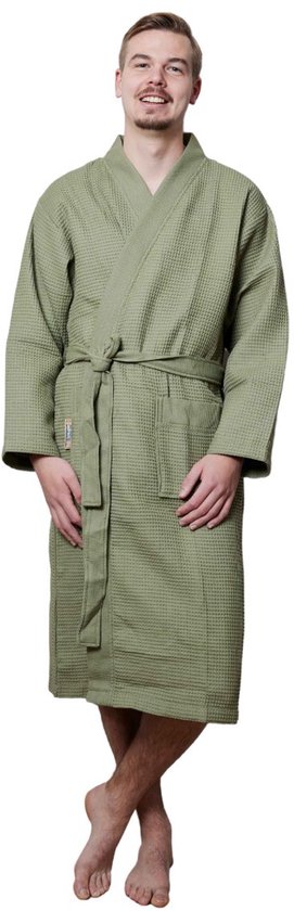 Sauna badjas wafel - biologisch katoen - olijfgroen L - groene unisex badjas - wafel kimono - Oeko-Tex - kimono - wafel badjas dames - wafel badjas heren