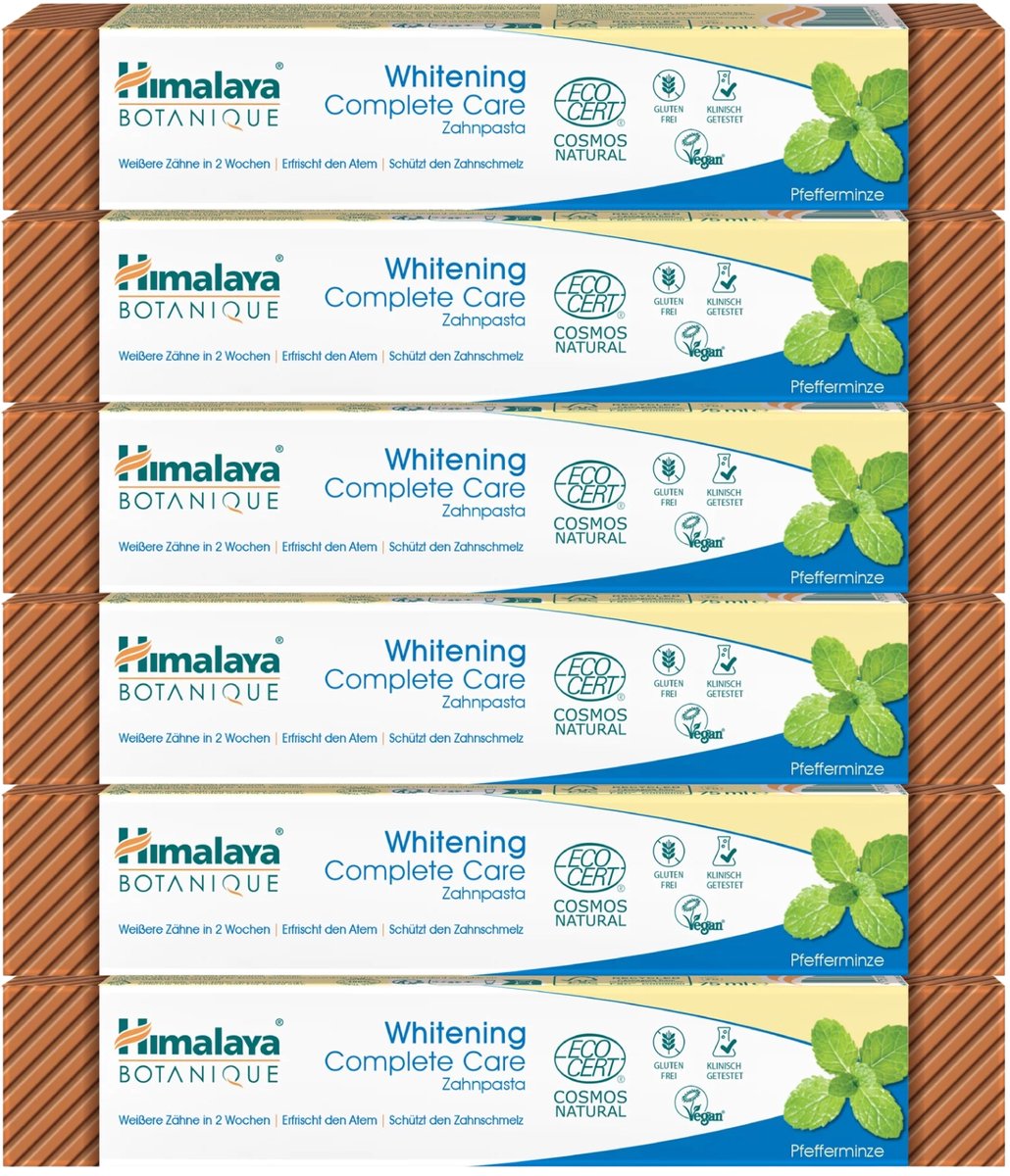 Himalaya Botanique Whitening Complete Care Toothpaste - Peppermint 6 x 75 ml - Natuurlijk Wittere Tanden in 2 Weken - Ayurvedisch - Fluoridevrij - Vegan - Met Papaya & Ananas Enzymen