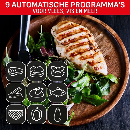 Gegrilde kipfilet op een salade met 9 iconen voor automatische programma's: vlees, burger, worstjes, spek.