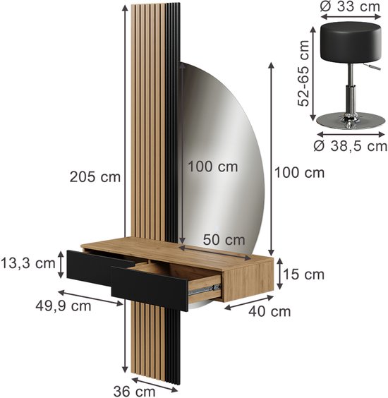 Kaptafel Skip Zwart 80 cm met spiegel Vicco | 406673134606606