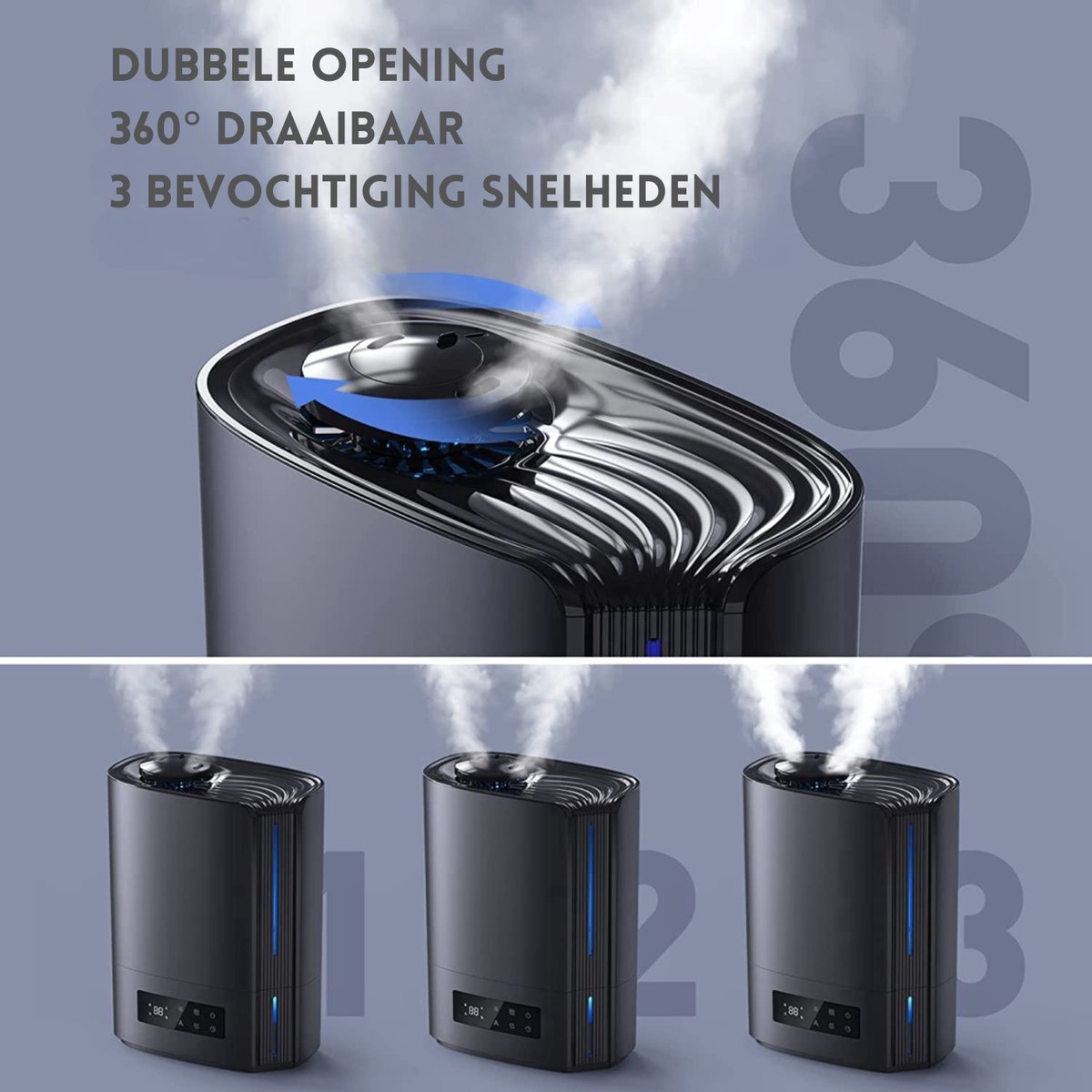 Luchtbevochtiger 6 liter - ultrasoon - stille werking - timerfunctie - zwart - automatische uitschakeling thumbnail 5