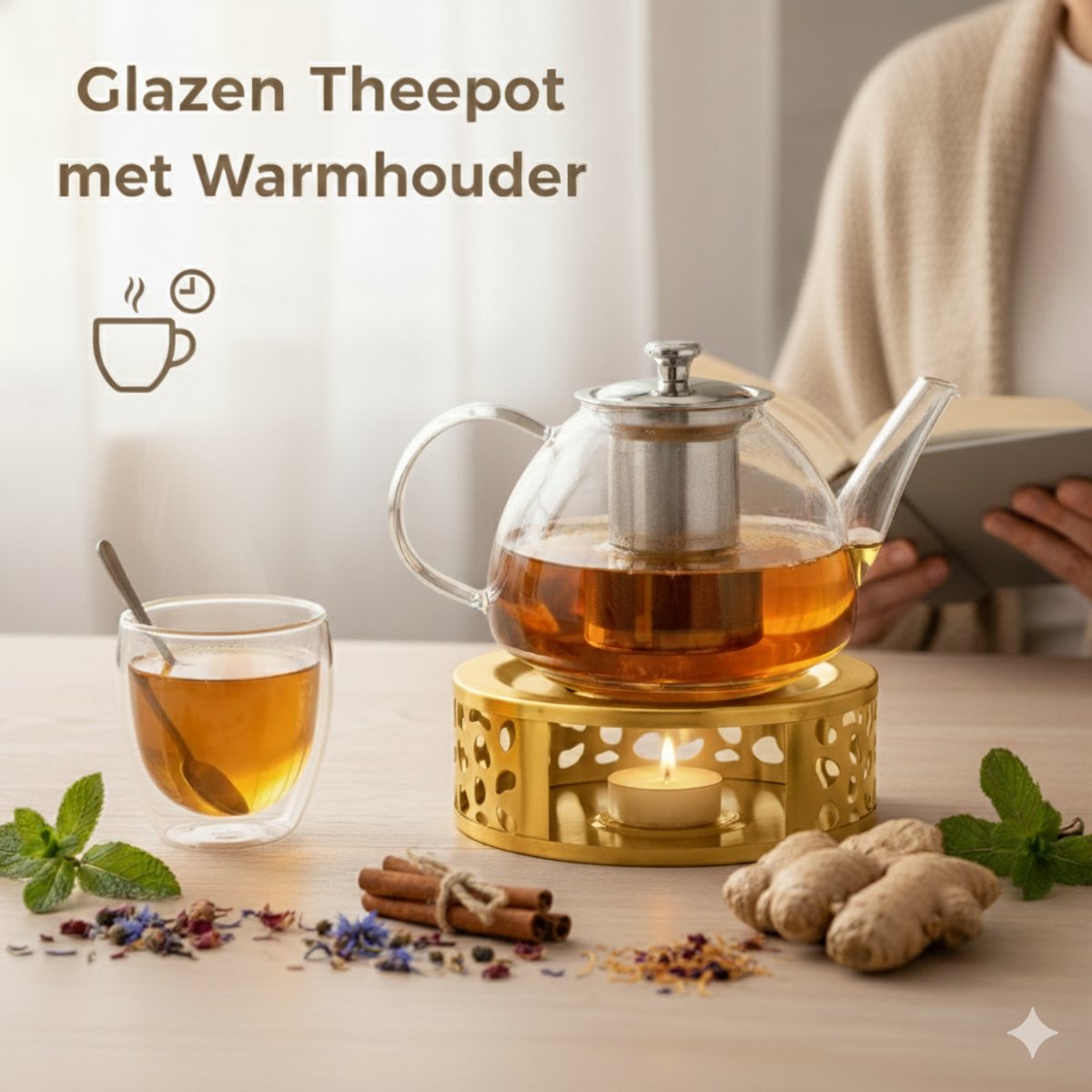 Vaja Glazen Theepot Fay 1 .4 Liter met Filter en Warmhouder - Theepot Glas voor Losse Thee en Theebloemen - Tea Maker - Theelicht houder voor Theekan met Zeef - Infuser - Warmer - Goud — cadeau in Koken & Dineren - foto 3