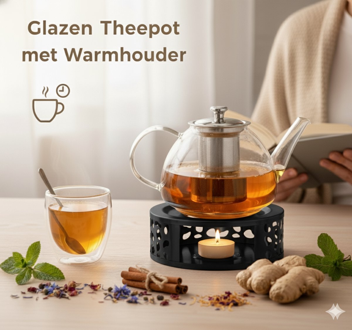 Vaja Glazen Theepot Fay 1 Liter met Filter en Warmhouder - Theepot Glas voor Losse Thee en Theebloemen - Tea Maker - Theelicht houder voor Theekan met Zeef - Infuser - Warmer - Zwart — cadeau in Koken & Dineren - foto 2