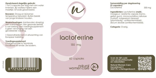 Flesje lactoferrine 150 mg, 60 capsules, Natural Women Care. Roze etiket met productinformatie.