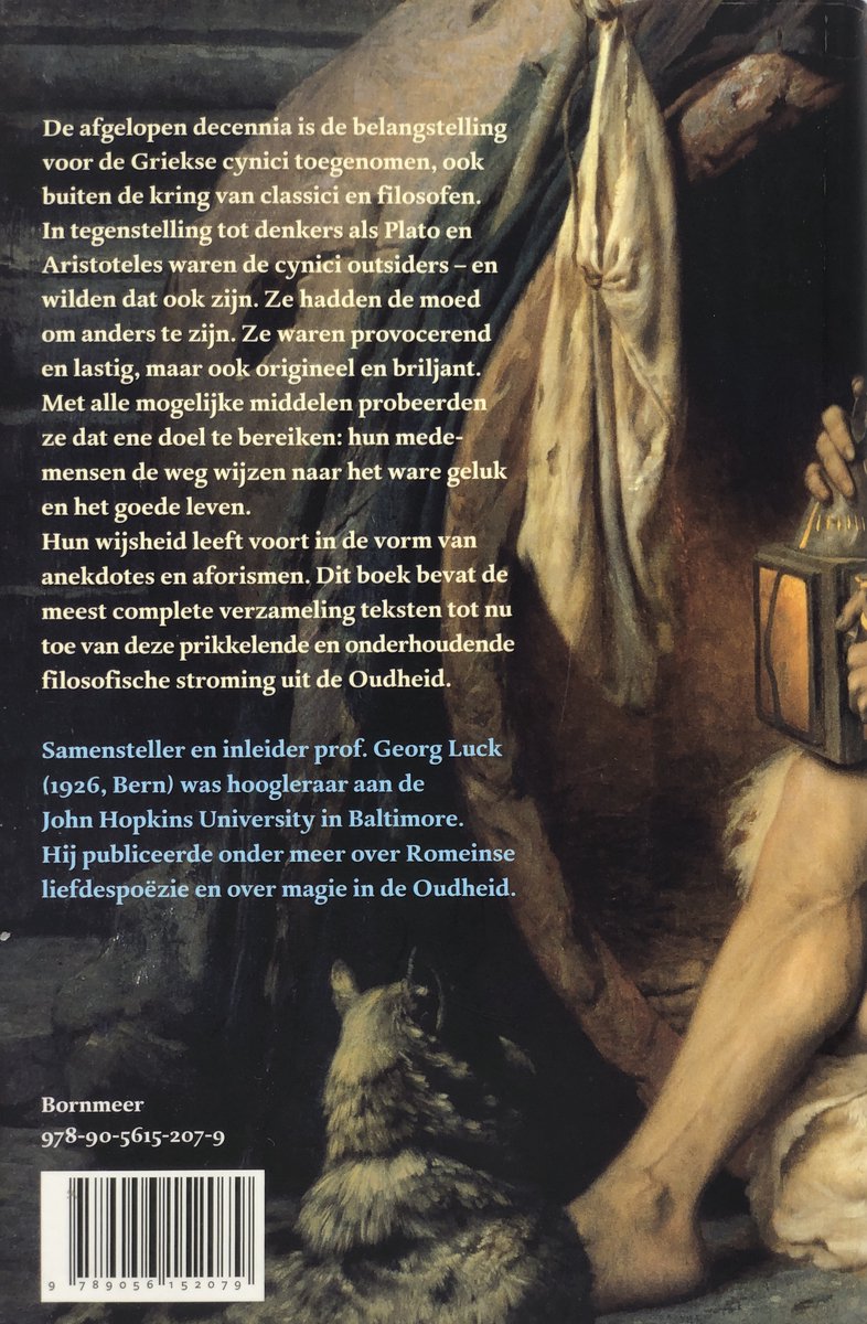 Boekrug met tekst, deels zichtbaar schilderij van een man en een hond.