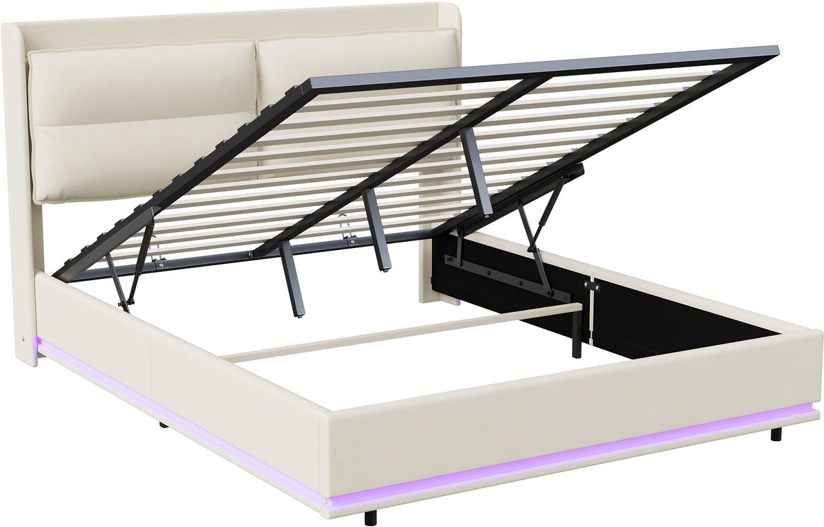 Beige Fluwelen Bed 160x200 - Opbergruimte & LED-verlichting thumbnail 3