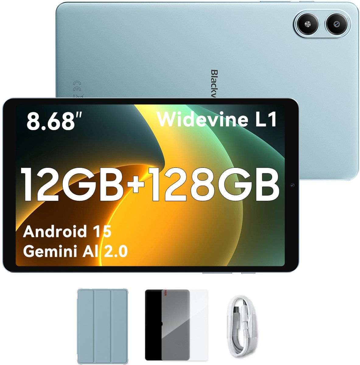 Blackview Tablet - LINK 2 Tablet - 12 GB RAM - 128 GB ROM - 1080P Full HD-video - 8.68 inch - MediaTek Hallo G100 - 5000 mAh - Android 15 - Octa Core - Blauw