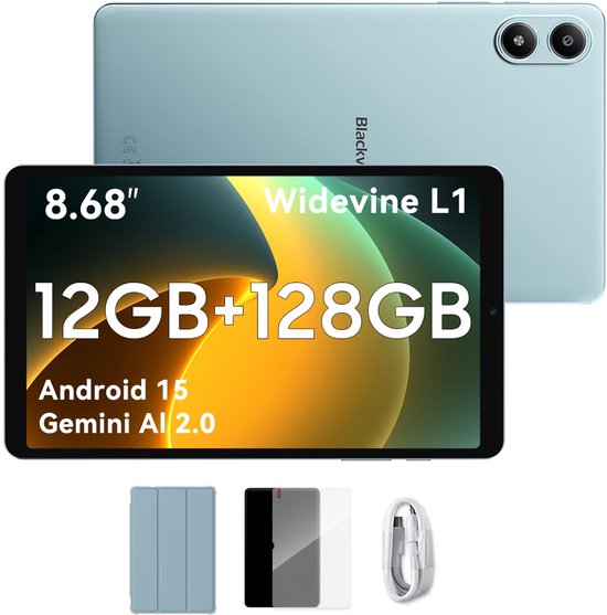 Blackview Tablet - LINK 2 Tablet - 12 GB RAM - 128 GB ROM - 1080P Full HD-video - 8.68 inch - MediaTek Hallo G100 - 5000 mAh - Android 15 - Octa Core - Blauw